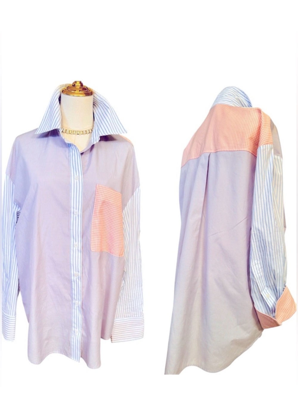 GEEGEE Oversized Blue & Pink Striped Button Down Shirt Dress w Chest Pocket